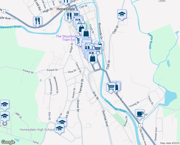 map of restaurants, bars, coffee shops, grocery stores, and more near 80 Terrace Street in Honesdale