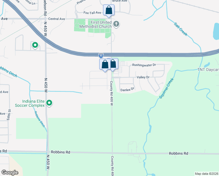 map of restaurants, bars, coffee shops, grocery stores, and more near 2858 County Road 400 West in Portage
