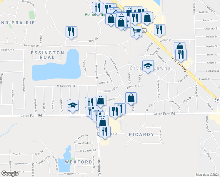 map of restaurants, bars, coffee shops, grocery stores, and more near 2805 Wilshire Boulevard in Joliet