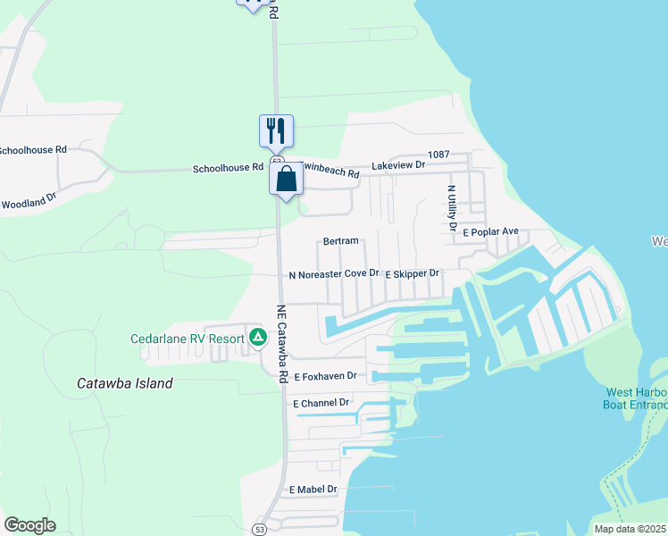 map of restaurants, bars, coffee shops, grocery stores, and more near 2976 North Chickadee Drive in Port Clinton
