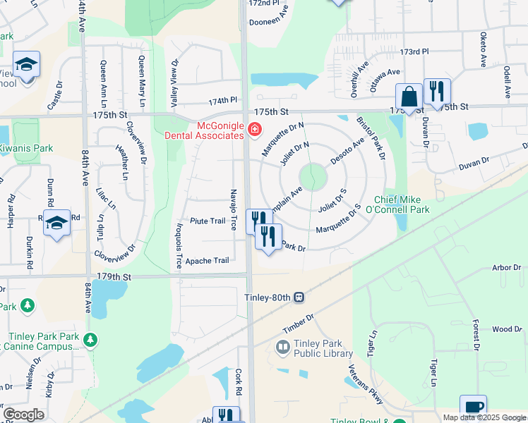 map of restaurants, bars, coffee shops, grocery stores, and more near 7868 Bristol Park Drive in Tinley Park