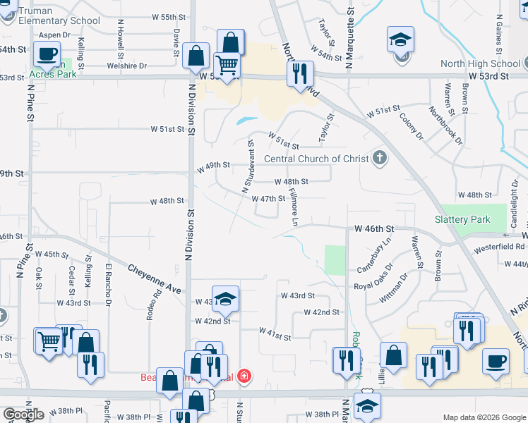 map of restaurants, bars, coffee shops, grocery stores, and more near 1511 West 46th Place in Davenport