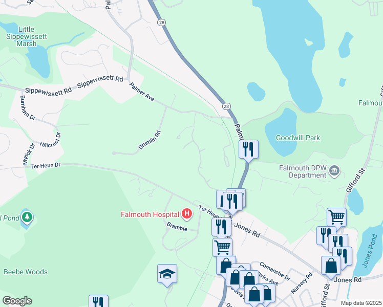 map of restaurants, bars, coffee shops, grocery stores, and more near 45 Woodrise Road in Falmouth