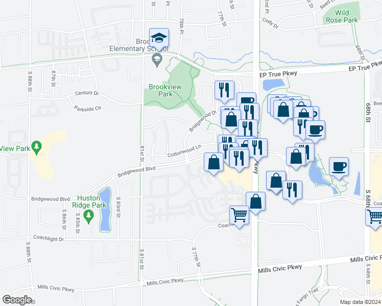 map of restaurants, bars, coffee shops, grocery stores, and more near 7842 Cottonwood Lane in West Des Moines