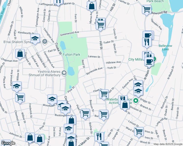 map of restaurants, bars, coffee shops, grocery stores, and more near 67 Byrneside Avenue in Waterbury