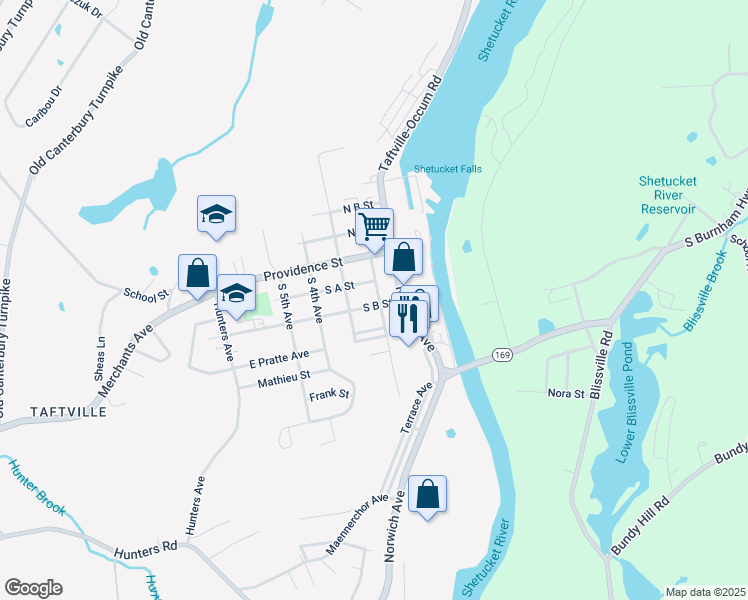 map of restaurants, bars, coffee shops, grocery stores, and more near 11 South B Street in Norwich