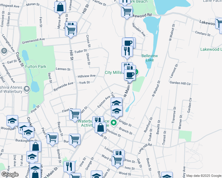 map of restaurants, bars, coffee shops, grocery stores, and more near 195 Easton Avenue in Waterbury