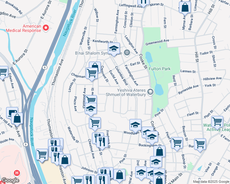 map of restaurants, bars, coffee shops, grocery stores, and more near 64 Randolph Avenue in Waterbury