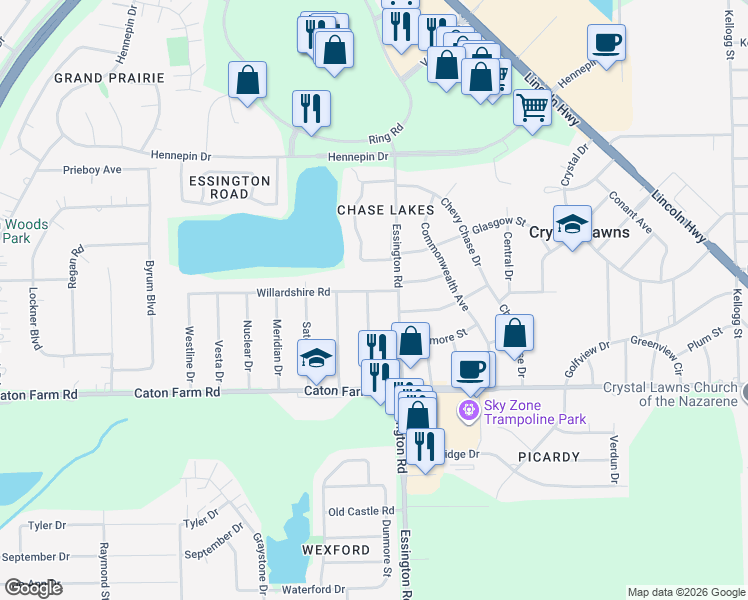 map of restaurants, bars, coffee shops, grocery stores, and more near 2420 Eastline Drive in Joliet