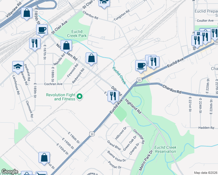 map of restaurants, bars, coffee shops, grocery stores, and more near 1504 Dille Road in Euclid