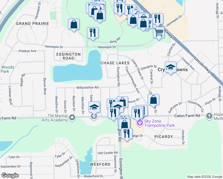 map of restaurants, bars, coffee shops, grocery stores, and more near 2420 Eastline Drive in Joliet