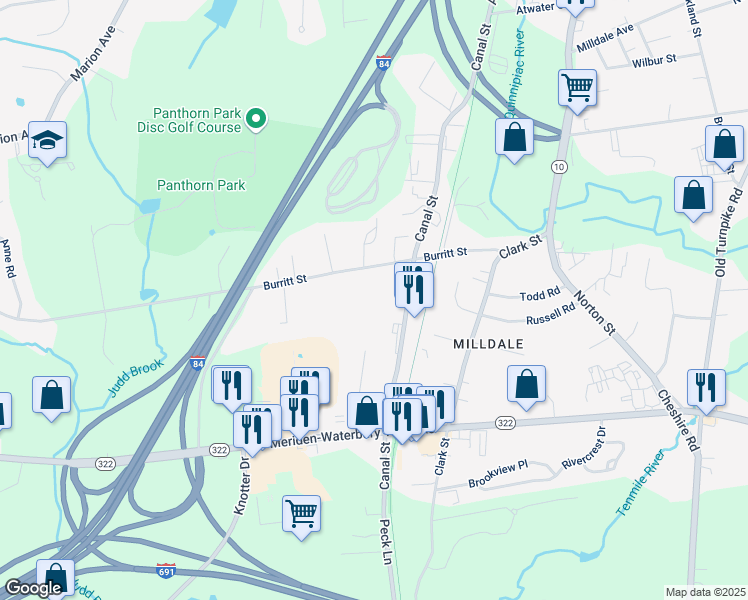 map of restaurants, bars, coffee shops, grocery stores, and more near Unnamed Road in Southington