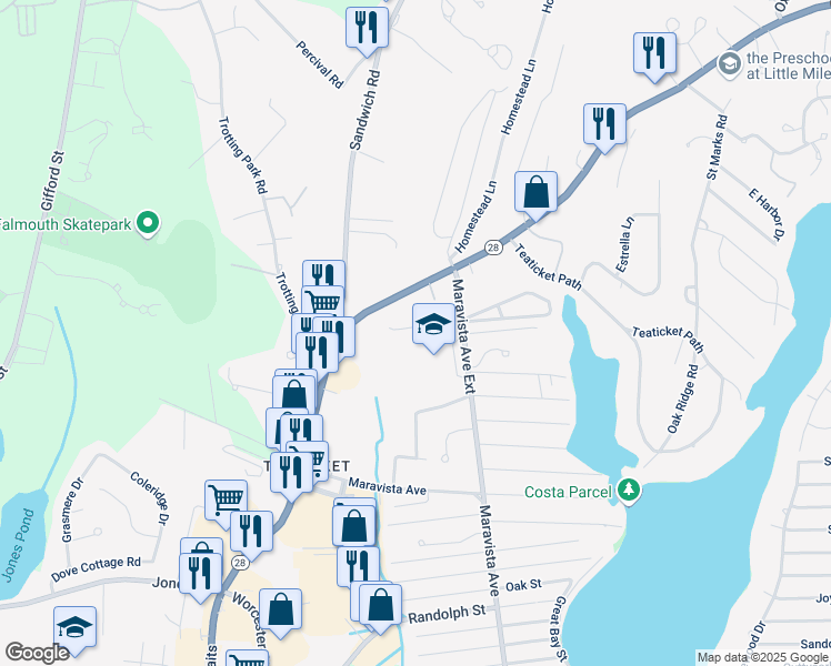 map of restaurants, bars, coffee shops, grocery stores, and more near 45 Maravista Avenue Extension in Falmouth