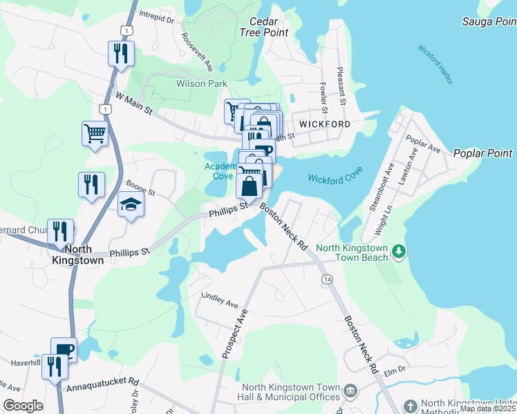 map of restaurants, bars, coffee shops, grocery stores, and more near 10 Phillips Street in North Kingstown