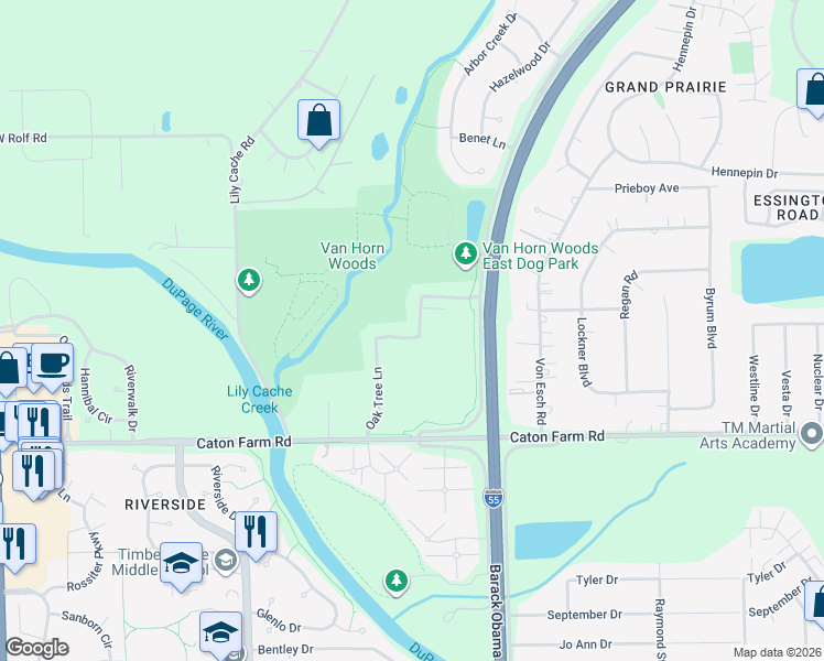 map of restaurants, bars, coffee shops, grocery stores, and more near 4139 Oak Tree Lane in Plainfield