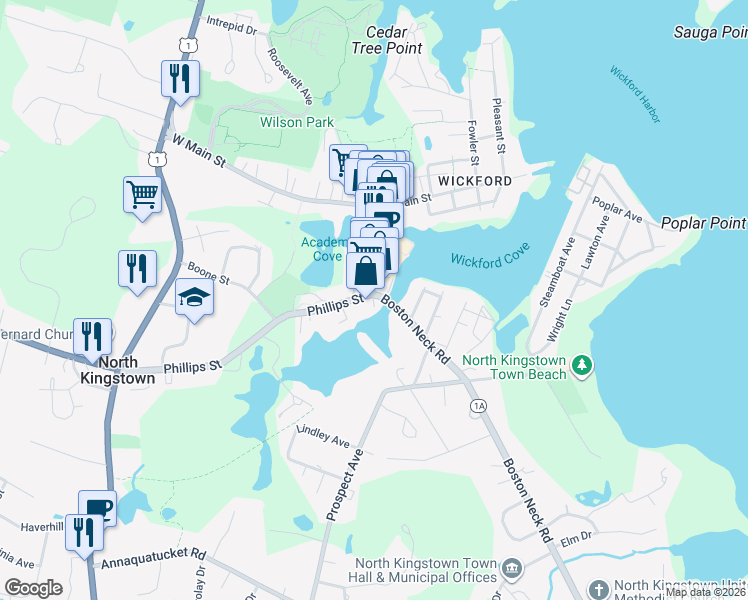 map of restaurants, bars, coffee shops, grocery stores, and more near 10 Phillips Street in North Kingstown