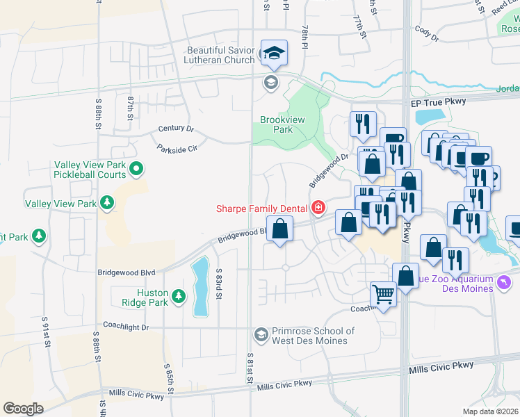 map of restaurants, bars, coffee shops, grocery stores, and more near 160 80th Street in West Des Moines