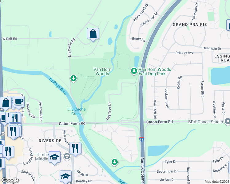 map of restaurants, bars, coffee shops, grocery stores, and more near 4153 Oak Tree Lane in Plainfield