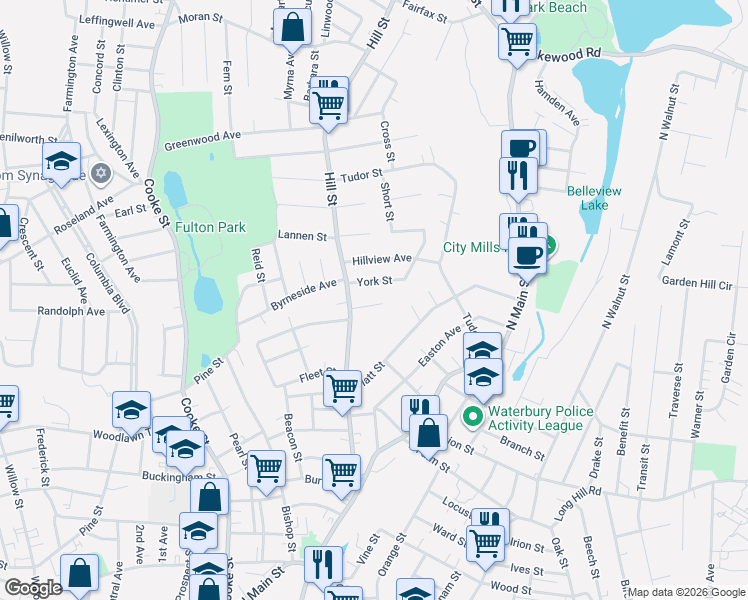 map of restaurants, bars, coffee shops, grocery stores, and more near 25 Cassidy Avenue in Waterbury