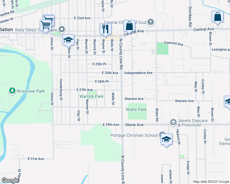 map of restaurants, bars, coffee shops, grocery stores, and more near 2728 Wells St in Gary
