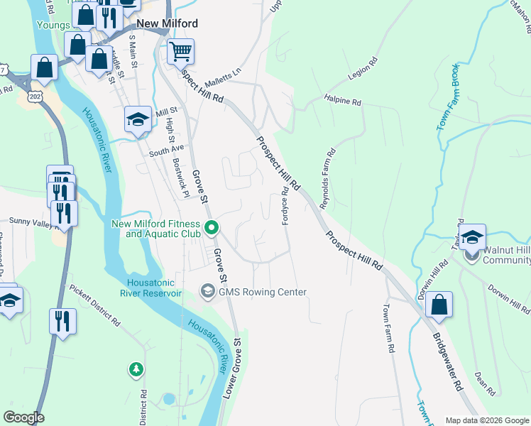 map of restaurants, bars, coffee shops, grocery stores, and more near 44 Valley Drive in New Milford