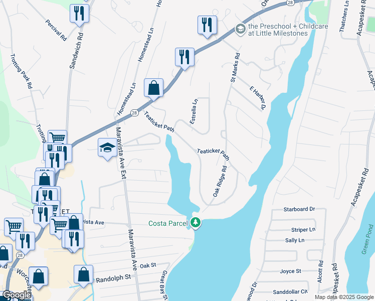 map of restaurants, bars, coffee shops, grocery stores, and more near 83 Teaticket Path in Falmouth