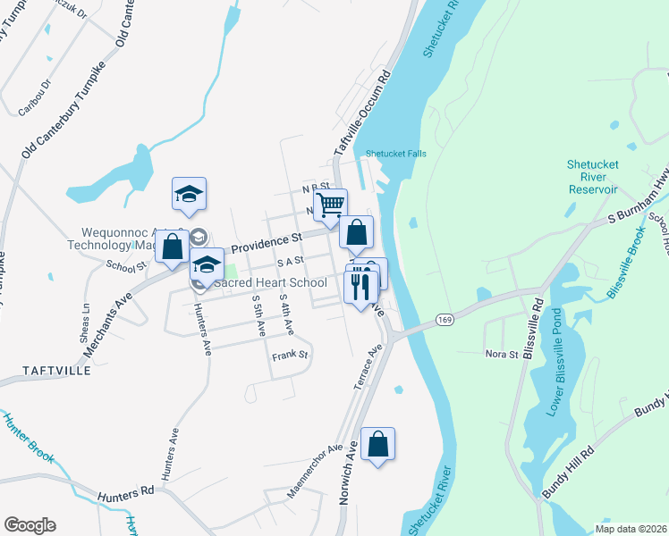 map of restaurants, bars, coffee shops, grocery stores, and more near 530 Norwich Avenue in Norwich