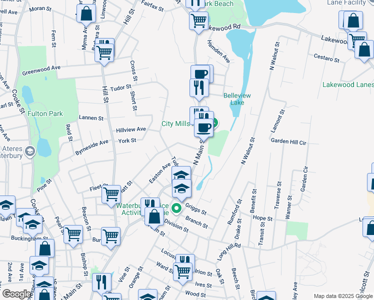map of restaurants, bars, coffee shops, grocery stores, and more near 229 Easton Avenue in Waterbury