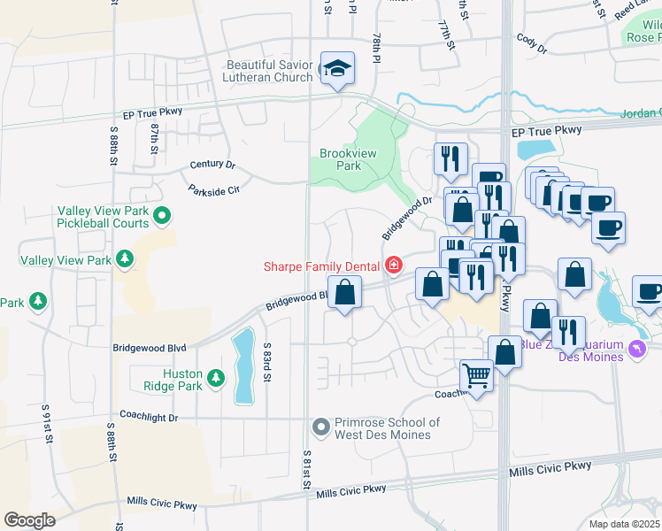 map of restaurants, bars, coffee shops, grocery stores, and more near 7916 Cottonwood Lane in West Des Moines