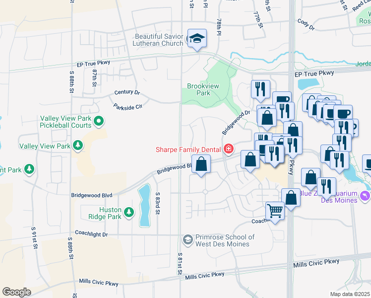 map of restaurants, bars, coffee shops, grocery stores, and more near 150 80th Street in West Des Moines