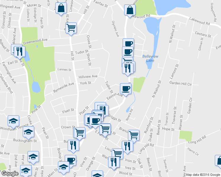 map of restaurants, bars, coffee shops, grocery stores, and more near 76 Tudor Street in Waterbury