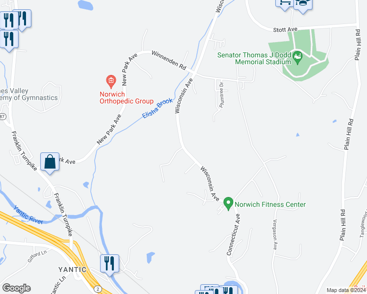 map of restaurants, bars, coffee shops, grocery stores, and more near Wisconsin Avenue & Oxford Drive in Norwich