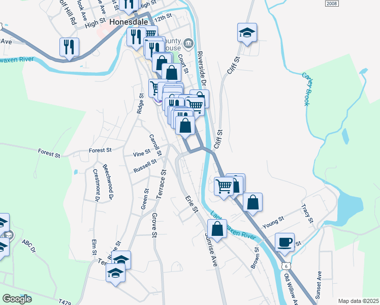 map of restaurants, bars, coffee shops, grocery stores, and more near Grand Army of the Republic Highway in Honesdale