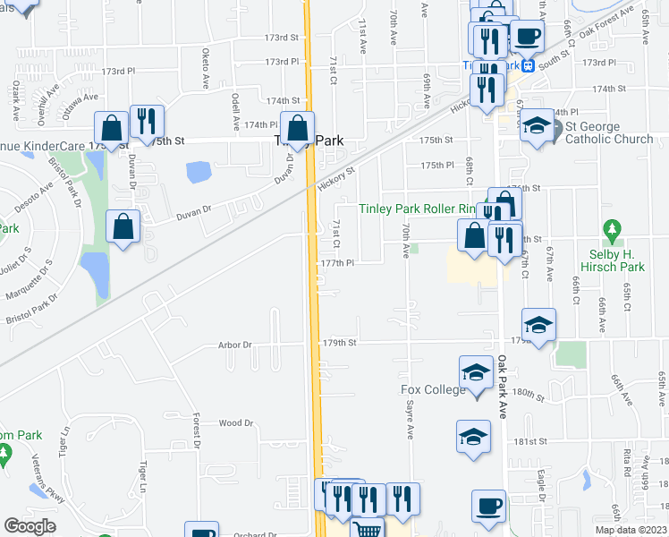 map of restaurants, bars, coffee shops, grocery stores, and more near 7137 177th Place in Tinley Park