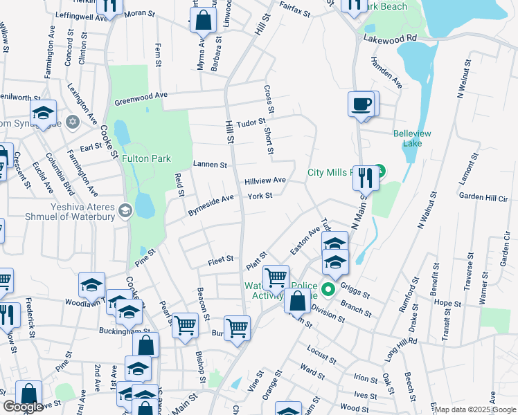 map of restaurants, bars, coffee shops, grocery stores, and more near 38 Cassidy Avenue in Waterbury