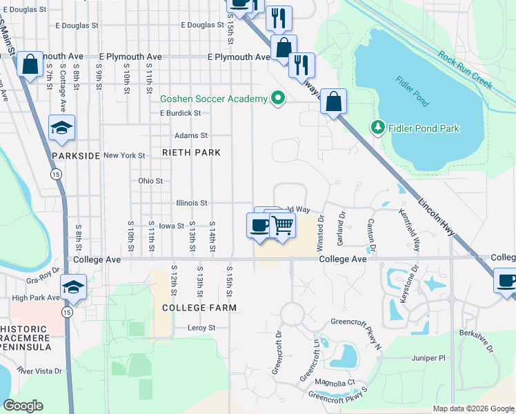 map of restaurants, bars, coffee shops, grocery stores, and more near 1504 South 16th Street in Goshen