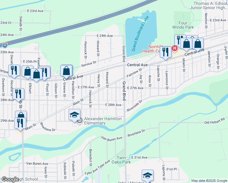 map of restaurants, bars, coffee shops, grocery stores, and more near 2749 Howard Street in Gary