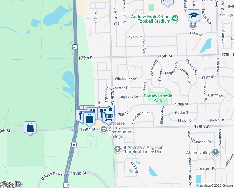map of restaurants, bars, coffee shops, grocery stores, and more near 17712 Bayberry Lane in Tinley Park