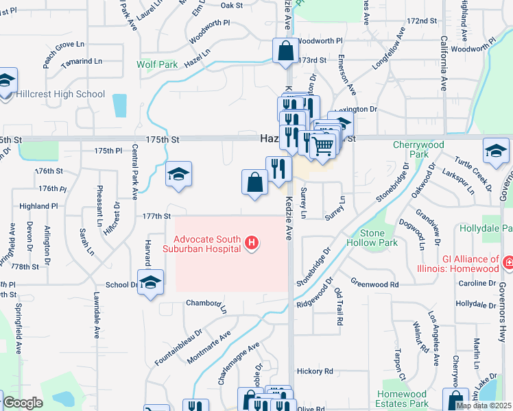 map of restaurants, bars, coffee shops, grocery stores, and more near 3330 West 177th Street in Hazel Crest