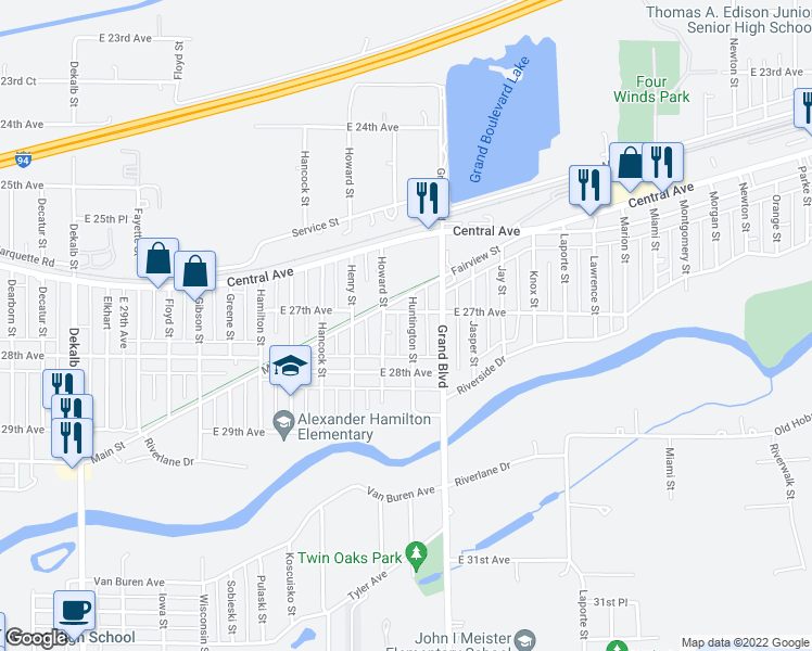 map of restaurants, bars, coffee shops, grocery stores, and more near 2716 Huntington Street in Lake Station