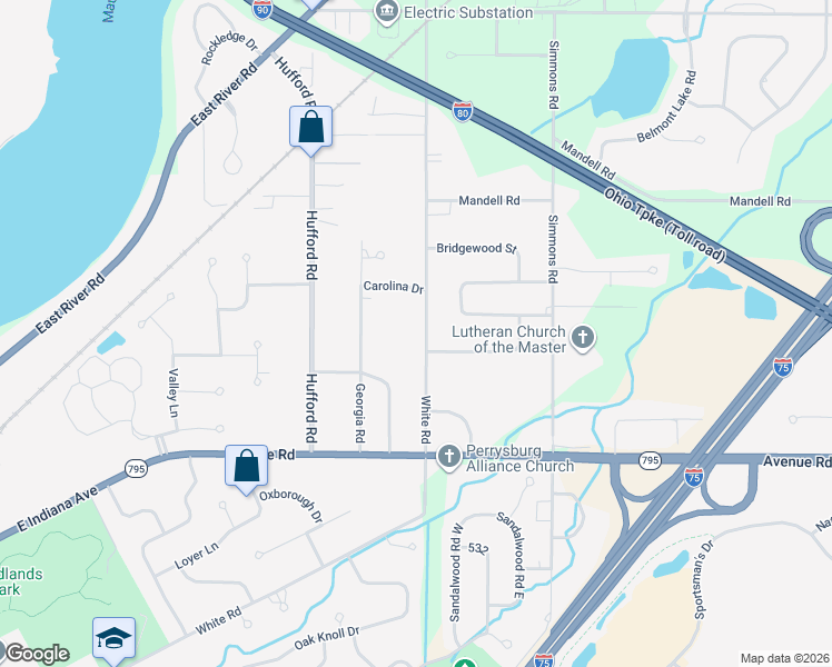 map of restaurants, bars, coffee shops, grocery stores, and more near 28701 White Road in Perrysburg