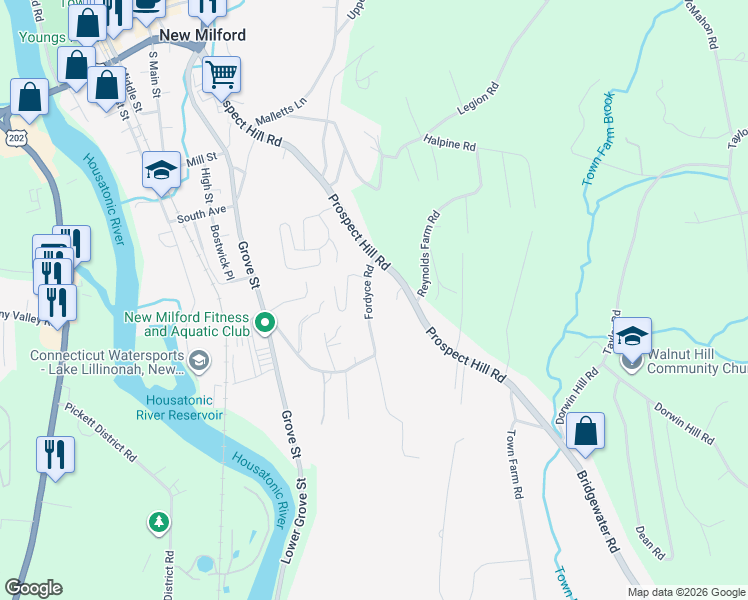 map of restaurants, bars, coffee shops, grocery stores, and more near 15 Fordyce Road in New Milford