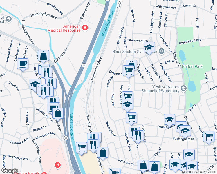 map of restaurants, bars, coffee shops, grocery stores, and more near 214 Lincoln Street in Waterbury