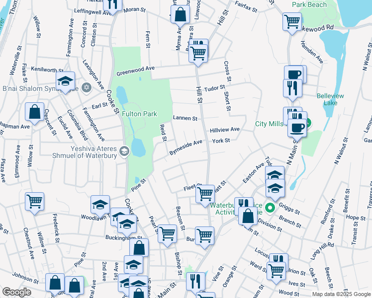 map of restaurants, bars, coffee shops, grocery stores, and more near 48 Pilgrim Avenue in Waterbury