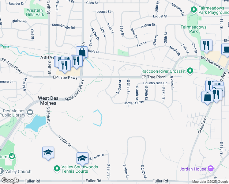 map of restaurants, bars, coffee shops, grocery stores, and more near 204 South 32nd Street in West Des Moines