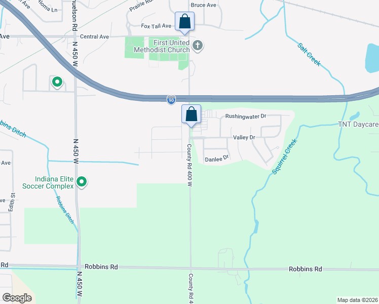 map of restaurants, bars, coffee shops, grocery stores, and more near 2858 County Road 400 West in Portage