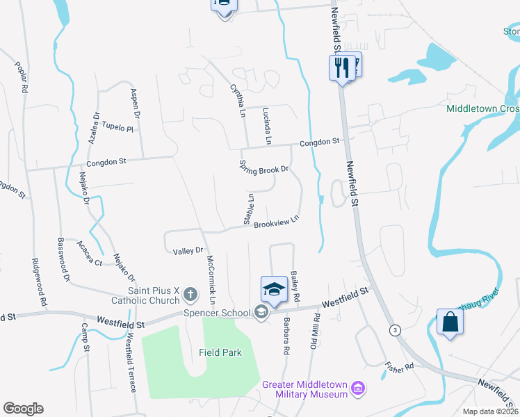 map of restaurants, bars, coffee shops, grocery stores, and more near 52 Brookview Lane in Middletown
