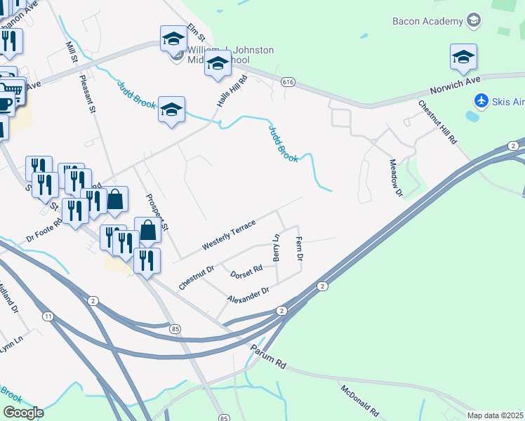 map of restaurants, bars, coffee shops, grocery stores, and more near 183 Westerly Terrace in Colchester