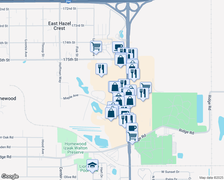 map of restaurants, bars, coffee shops, grocery stores, and more near 17620 Halsted Street in Homewood