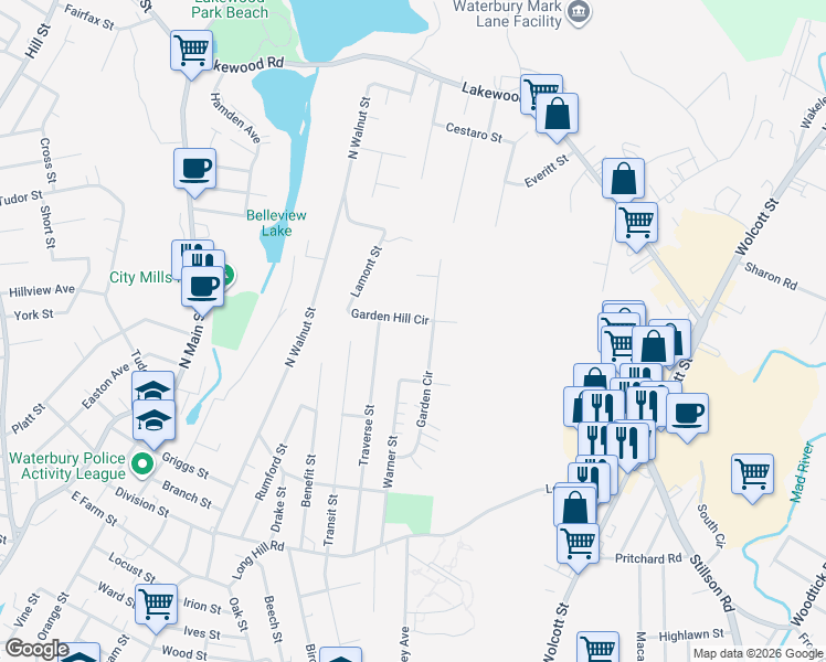 map of restaurants, bars, coffee shops, grocery stores, and more near 207 Garden Circle in Waterbury